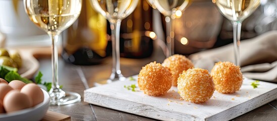 Wall Mural - Horizontal image featuring baked cheese balls placed on a white board beside white wine glasses, with available copy space.