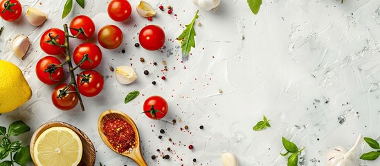 Poster - Overhead shot of fresh cherry tomatoes, herbs, garlic, lemon, and spoon on a white shabby background with copy space image.
