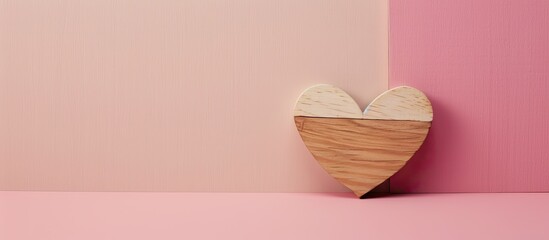 Wall Mural - Heart-shaped wooden decoration on a soft pastel backdrop of pink and cream, conveying a minimalistic concept of love with copy space image.