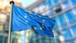 © Irina Ukrainets - European Union flag waving in front of modern office building. Bright, sunny day. Clear blue sky and glass structure. Represents unity, cooperation and economic strength. Stock photo. AI