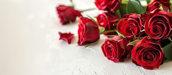 Wall Mural - A holiday gift bouquet of red roses on a light background, creating a beautiful close-up copy space image.