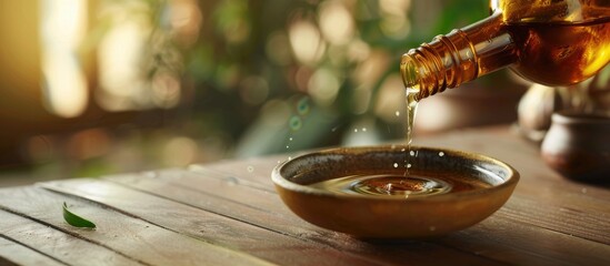 Poster - Pouring tea tree oil from a bottle into a bowl on a table, with an area available for adding text in the image. Copy space image. Place for adding text and design