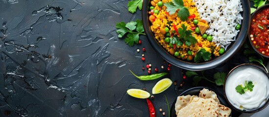 Poster - Healthy Indian lentil and rice dish with spices, vegetables, served with yogurt, papad, and chili pickle, shown in the copy space image.
