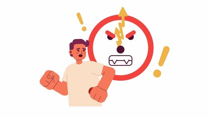 Poster - Freelance job deadline 2D animation. Anxious freelancer with heavy workload 4K video motion graphic. Overburdened teleworker running away angry clock animated cartoon flat concept, white background