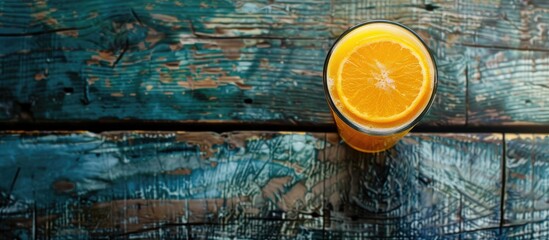 Poster - A cool glass of orange juice on a wooden background with copy space image. Fruit juices rich in vitamin C can be enjoyed all year round.