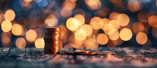 Poster - An innovative business savings concept displayed with a stack of coins on a wooden table against a background of soft bokeh lights, ideal for copy space image.