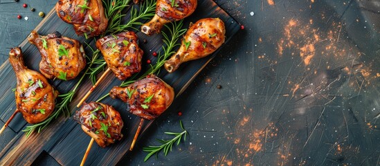 Aufkleber - Wooden board showcasing delicious chicken lollipops with a copy space image.