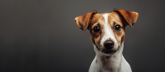 Poster - A one-year-old Jack Russell Terrier posing in front of a gray backdrop in a copy space image.