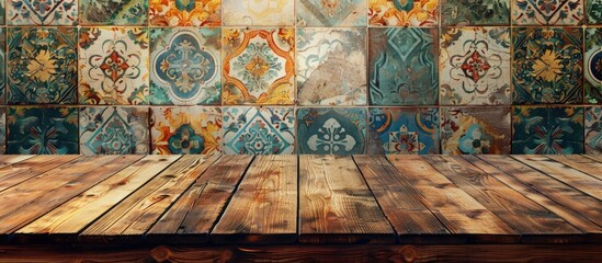 Aufkleber - An empty wooden table presents a versatile display area against a vintage tile backdrop, ideal for showcasing products with ample copy space image.