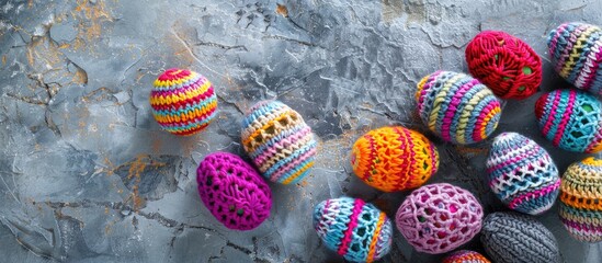 Fototapete - Top view of colorful knitted Easter eggs set against a stone background, showcasing a handmade holidays decorations concept with plenty of copy space image.