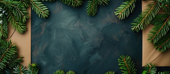 Poster - Top view photograph of a Christmas-themed border against a dark backdrop featuring fresh fir branches and a kraft paper envelope. Season's Greetings with space for text or graphics. Copy space image