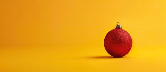 Poster - Christmas-themed greeting card with a red toy ball decoration on a yellow background, perfect for winter holiday designs with a copy space image for your text.