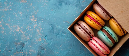 Wall Mural - A cardboard box filled with vibrant macaron cookies against a copy space image.