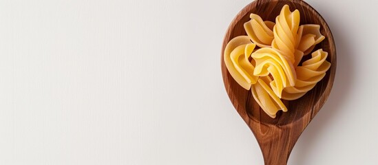 Canvas Print - Uncooked pasta displayed on a wooden spoon against a white backdrop with an empty space for images. Copy space image. Place for adding text and design