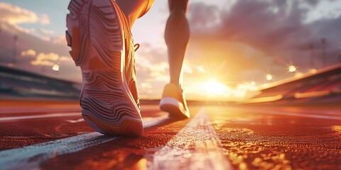 Close up of athlete runner shoes on track at sunset stadium background