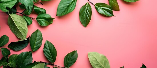 Aufkleber - Top view of green leaves on a pink paper background with available space for your text or design, creating a minimalistic summer concept image. Copy space image. Place for adding text and design