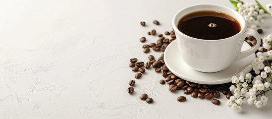 Wall Mural - Side view of hot black coffee, roasted coffee beans, and flowers on the table with copy space image.