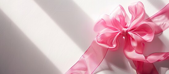 Wall Mural - Large pink bow casting a shadow on a white backdrop with copy space image.