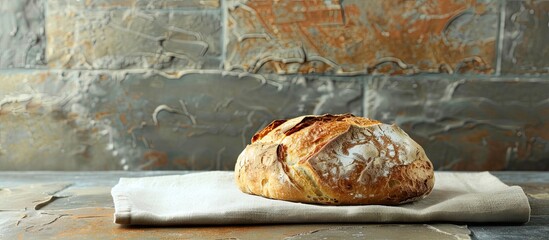 Sticker - Fresh bread loaf on napkin on a table, set against a rustic stone background for a bakery feel, with space for text or images. Copy space image. Place for adding text and design