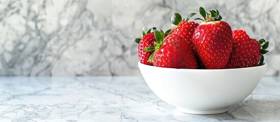Poster - A fresh strawberry displayed in a white bowl on a table with copy space image.