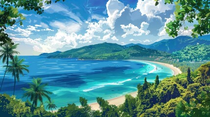 Wall Mural - Aerial view of the sandy beach of the Andaman Sea, blue sea. and forests in Phuket Island in summer, Thailand