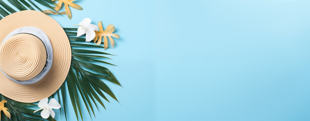 Bannière avec fond bleu ciel, feuilles de monstera, feuilles tropicales sur le côté et chapeau. Coquillage, plage, mer. Vacances, été, soleil, détente. Pour conception et création graphique. 
