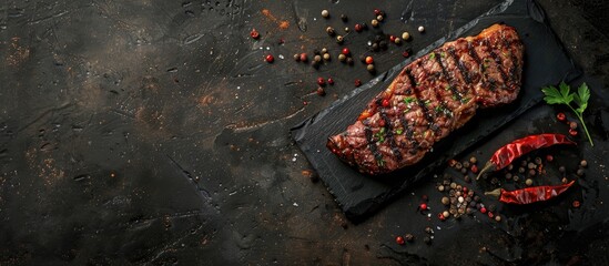 Poster - A sizzling steak seasoned with spices, displayed on a stone backdrop, with room for text in the image. Copy space image. Place for adding text and design