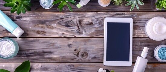Poster - Top view of various female beauty products and a tablet displayed on a wooden table. Ideal for a beauty blog concept with copy space image.
