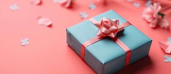 Wall Mural - A small gift box wrapped in blue paper sits on a pink pastel background, illustrating a romantic celebration concept with copy space for images.