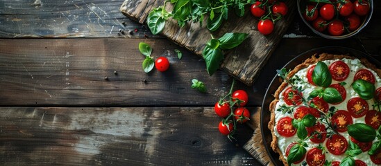 Aufkleber - Overhead view of a rustic background showing a cherry tomato tart with homemade ricotta cheese, fresh herbs, and ample copy space image.