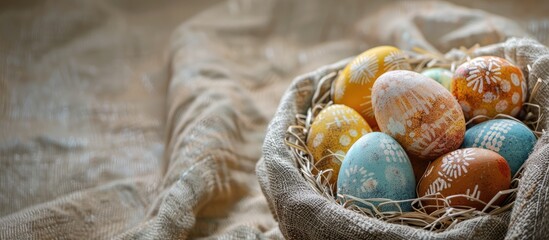 Fototapete - Colorful Easter eggs in a basket on fabric with room for text in the image. Copy space image. Place for adding text and design