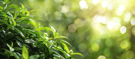 Fototapete - Green garden with blurred bokeh creating a serene background ideal for copy space image.