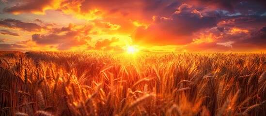 Wall Mural - Sunset over a rural wheat field with ripening ears under an orange cloudy sky. Close-up nature photo with the setting sun and copy space for text. Rich harvest concept.