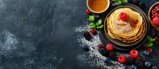 Poster - Russian cuisine concept depicted with pancakes, berries, and honey on a dark background for a visually appealing copy space image.