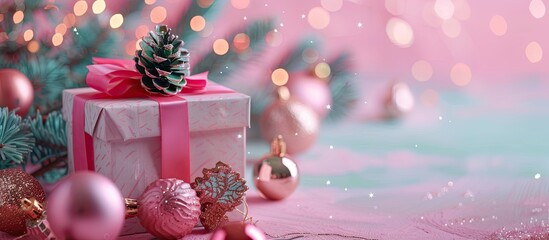 Aufkleber - Colorful gift box and decorations displayed with a charming object on a pastel backdrop, perfect for Christmas and New Year celebrations, with copy space image.