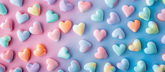 Fototapete - Top view of a sweet pastel rainbow candy heart pattern perfect for Valentine's Day and Easter decor with a copyspace image.