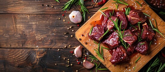 Poster - A vivid image of goulash, featuring slices of red beef or lamb on a cutting board surrounded by rosemary, garlic, and peppercorns on a wooden surface, providing ample copy space.