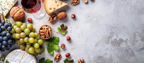 Fototapete - Top view of wine, grapes, nuts, and cheese on a blank background suitable for adding text in copy space image.