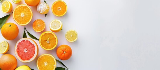 Aufkleber - Fresh and vibrant citrus fruits like grapefruit, orange, tangerine, and lemon creatively displayed on a white background with copy space image in a flat lay style viewed from the top.
