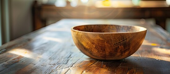 Wall Mural - Wooden bowl on table with a blank copy space image in the background.