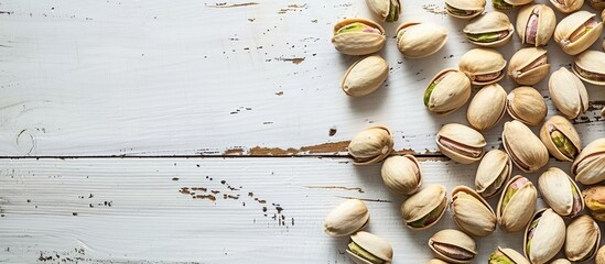 Canvas Print - Top view of pistachios on a white wooden surface with ample copy space image.