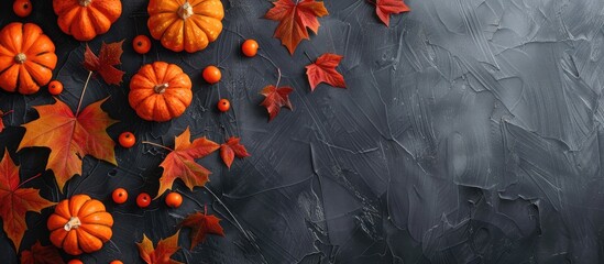 Aufkleber - Autumn maple leaves along with small orange pumpkins set against a dark gray background with copy space image.