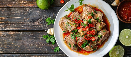 Wall Mural - Top view of boiled pork served on a white plate with a zesty lime, garlic, and chili sauce, with an uncluttered background for copy space image.