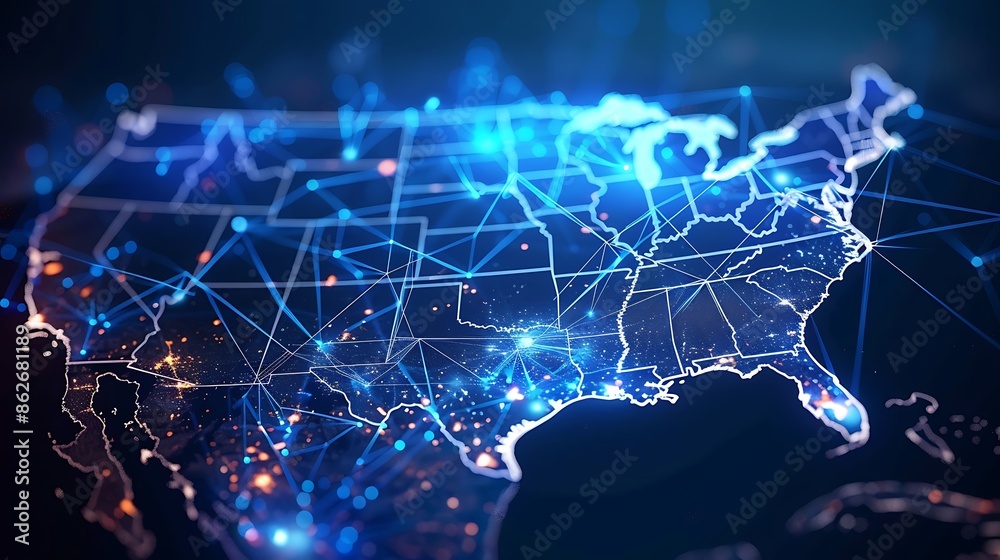 Digital map of USA, concept of American global network and connectivity ...