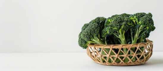 Sticker - Fresh broccolini arranged on a wicker stand against a white backdrop, conveying a vegetarian concept with copy space image.