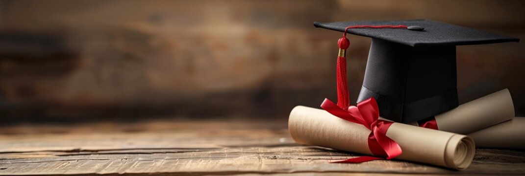 A black cap and gown with red ribbons sits on top of two graduation certificates. Concept of accomplishment and pride, as the cap and gown are symbols of academic achievement