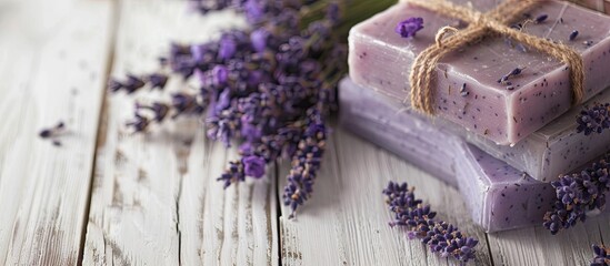 Poster - Handcrafted lavender soap displayed on a white wooden table with ample copy space image.