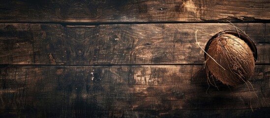 Poster - Dark wooden table adorned with a coconut creating an appealing copy space image.