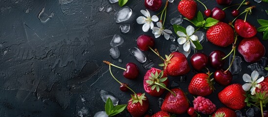 Poster - Top view of ripe summer strawberries and cherries on a dark background, adorned with flowers, ice, and featuring copy space image.