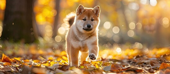 Poster - Japanese Akita Inu puppy with a red coat strolls outdoors in a park setting with a background featuring ample copy space for images.